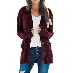 Coat,Pocket,Women's Coat,Knit Cardigans,Loose Size: 8(L).  Color: Red.  Gender: female.  Age Group: adult. Walmart Outfits, Cable Knit Sweater Cardigan, Cardigan Casual, Outwear Women, Pocket Cardigan, Button Sweater, Casual Cardigans, Spring Outfits Women, Button Cardigan