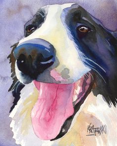 a painting of a black and white dog with its tongue hanging out to the side