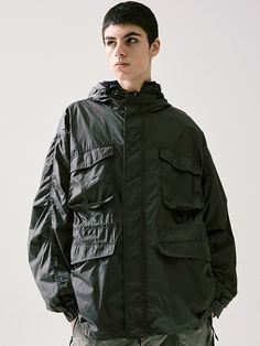 This is a casual and comfortable parka that is made out of high quality nylon 100% fabric. With design detail of voluminous flap pockets on the chest, 2-way zipper closure on the front, and string and stopper on the hem and hoodie, it gives a trendy and casual mood.- Water resistant fabric- Adjustable string and stopper on hem and hoodie- 2-way zipper closure- Voluminous flap pockets on the chest Hooded Nylon Outerwear With Drawstring, Nylon Hooded Outerwear With Drawstring, Nylon Outerwear With Double-lined Hood For Streetwear, Streetwear Nylon Outerwear With Double-lined Hood, Sporty Nylon Parka With Detachable Hood, Utility Hooded Jacket With Cargo Pockets For Outdoor Activities, Black Techwear Parka With Side Pockets, Urban Nylon Parka For Fall, Black Nylon Hooded Jacket With Multiple Pockets