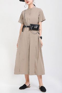 #khaki #dress #loose #streetstyle Short Sleeve Shirt Dress, Comfort Clothes, Simple Clothing, Oversized Shirt Dress, Short Sleeve Dress Shirt, Caftan Dress, Khaki Dress, Shirt Dresses, Designer Dress