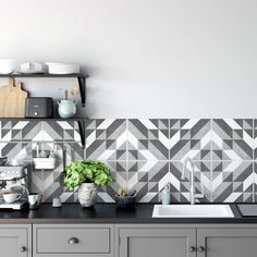 a kitchen with grey cabinets and tiled backsplash, potted plant on the counter