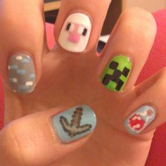 Minecraft nails #2 by panprofesorkicikici Minecraft Nails, Kid Nails, Mc Nails, Nerd Outfits, Punk Nails, Different Nail Designs, Y2k Nails, New Nails, Nails For Kids