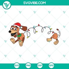 a cartoon dog with christmas lights on its head and tail, running through the air