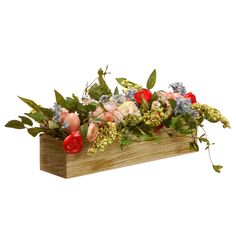 a wooden box filled with flowers and greenery