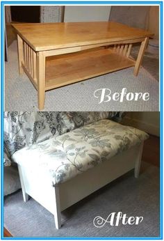 before and after photos of a coffee table that has been turned into a bench for the living room