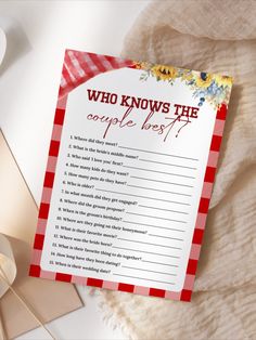 a red and white checkered table cloth with a card that says who knows the complete list?