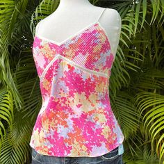 Diane Von Furstenberg Stretch Camisole Top Stretch Silk Size Large Bust 16 To 16 1/2 Length 23 Nwt Retail $156 Pink Fitted Sleeveless Camisole, Pink Fitted Camisole, Pink Silk Top With Spaghetti Straps, Yellow Silk Top With Floral Print, Pink Silk Spaghetti Strap Top, Yellow Floral Print Silk Tops, Multicolor Fitted Sleeveless Camisole, Fitted Multicolor Sleeveless Camisole, Fitted Floral Print Top With Tank Straps