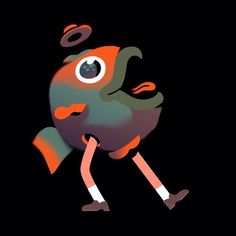 an orange and green fish with big eyes on it's back legs, standing in the dark