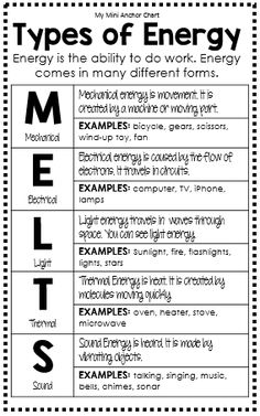 the types of energy worksheet is shown in black and white, with text