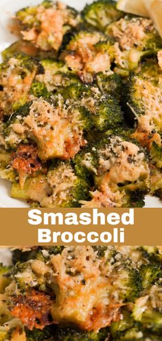 broccoli covered in cheese and sauce on a white plate with text overlay