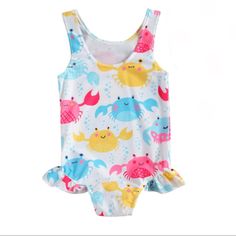 This One Piece Swimwear Is Made Of High Quality Polyester, Soft Breathable, Lightweight And Quick Dry. Scoop Neck. Cute Pastel Crab Print, Sleeveless, Ruffled Hem Design. Inv # 6791 Kids Swimsuit, Crab Print, Baby Swimsuit, Baby Swimwear, Summer Swim Suits, Beach Swimsuit, Print Swimsuit, Swimwear Girls