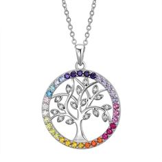 "This gorgeous sterling silver rainbow cubic zirconia tree of life pendant necklace is a must-add to your fine jewelry collection. This gorgeous sterling silver rainbow cubic zirconia tree of life pendant necklace is a must-add to your fine jewelry collection. Pendant size: 29 mm x 22 mm Chain length: 18 in. Chain type: cable Metal: sterling silver Finish: polished Additional details: cubic zirconia accents Packaging: boxed Please note, due to the high value of this item, a signature may be requ Rainbow Sterling Silver Round Jewelry, Rainbow Cubic Zirconia Jewelry As Gift, Rainbow Round Sterling Silver Jewelry, Rainbow Cubic Zirconia Round Jewelry, Rainbow Colored Round Sterling Silver Jewelry, Rainbow Cubic Zirconia Necklaces As Gift, Rainbow Cubic Zirconia Necklaces For Gift, Rainbow Cubic Zirconia Necklace For Gift, Jewellery Images