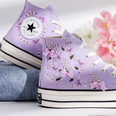 Welcome to LunnNest, a hand embroidered items shop. These are the most meticulously embroidered shoes that I give to you. I embroider them carefully and thoroughly with skillful hands. Converse type: Converse High Tops Chuck Taylor 1970s Converse color:  10. 1970s Light Purple Price includes: Shoes + Embroidery as Pictured I can buy it for you at a store near your home or you can send me the canvas shoes you have available. Your embroidered Converse, Vans shoes are ready to ship in 8-16 days. I Purple Converse Embroidery, Pink Embroidered Converse, Embroidered Chuck Taylors, Casual Sneakers With 3d Embroidery For Spring, Casual Spring Sneakers With 3d Embroidery, Spring Sneakers With Multicolor Embroidery And Appliques, Vintage Sneakers With Embroidered Logo For Spring, Spring Sneakers With Floral Embroidery, Violet Converse