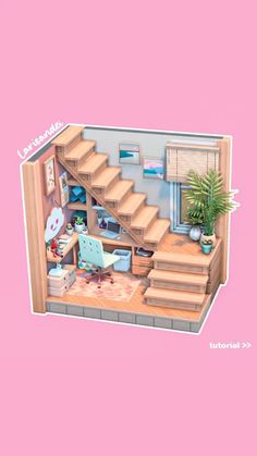 a doll house with stairs and furniture on the floor, in front of a pink background