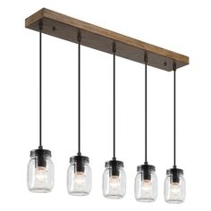 three mason jars hanging from a wooden beam with four lights on each end and one light bulb