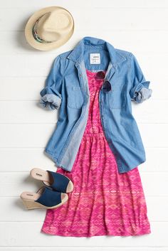 Truth: Denim goes with just about everything. Your favorite chambray top can double as a lightweight jacket over a printed dress. It’s the perfect look for unpredictable spring weather. Featured SONOMA Goods for Life product includes: wedge espadrilles, straw fedora and chambray button-down shirt. Maximize your wardrobe at Kohl’s. Style A Denim Shirt, Street Style Ideas, Chambray Jacket, Straw Fedora, Wedge Espadrilles, Chambray Top, Spring Weather, Chambray Shirt, Printed Dress