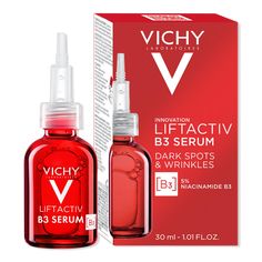 LiftActiv Vitamin B3 Face Serum for Dark Spots & Wrinkles - LFTCTV B3 DRK SPT ND WRNKLS SRM 1OZBenefitsVisibly reduces dark spots & wrinkles in 8 weeksSkin tone looks more even & overall appearance looks improvedSuitable for all skintonesFragrance-FreeAllergy testedDermatologist Tested for SafetyReceived the 2022 Skincare award from Womens HealthFormulated WithoutFragranceAlcoholSiliconeHydroquinoneResearch ResultsResults based on an eight-week clinical test on 52 women:85% of people agree that Vichy Serum, Vichy Liftactiv, Wrinkle Serum, Dark Spot Corrector, Tranexamic Acid, Dry Face, Skin Discoloration, Cosmetic Skin Care, Anti Aging Serum