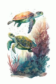 two turtles swimming in the ocean with corals and seaweed on their back legs