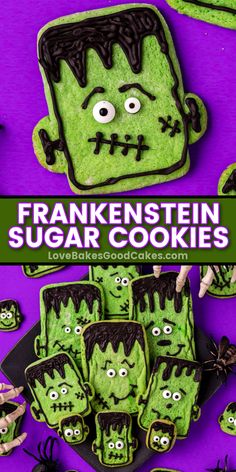 Frankenstein Sugar Cookies pin collage Homemade Sugar Cookie Dough, Frankenstein Cookie, Holiday Cookie Exchange, Homemade Frosting, Amazing Desserts, Treats Recipes, Holiday Favorite Recipes, Cake Decorating Ideas