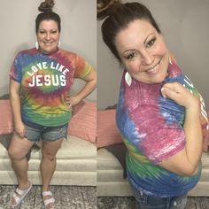 Material: 50% Cotton/50% Polyester. Color: Rainbow Tie Dye Acid Wash Fit/Cut: Unisex sizing, True to size. Due to Tie Dye and acid wash handling these are a little more fitted than our normal tees. We recommend sizing up if you want a looser fit. Sizes: S-3X Model is 5'1" and a size 14. Model is wearing a size L and her true to size is in between a L and XL. Love Like Jesus, Rainbow Tie Dye, Rainbow Tie, Color Rainbow, Acid Wash, Tie Dye, Loose Fitting, Jesus, Dye