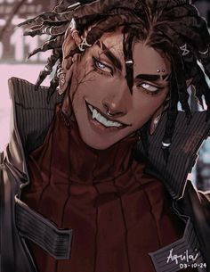 an anime character with dreadlocks on his head and wearing a leather jacket, smiling