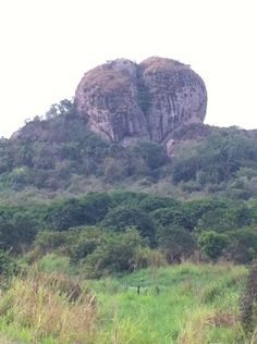 an elephant standing in front of a large rock