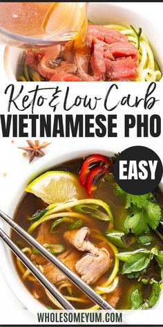 vietnamese pho soup in a white bowl with chopsticks and lime on the side