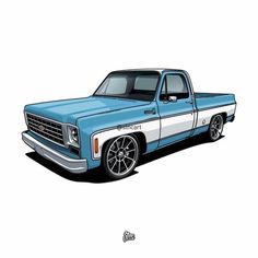 a drawing of a blue and white truck with black rims on the front end