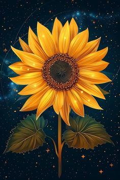 a painting of a yellow sunflower on a dark blue background with stars in the sky