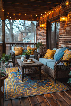 A cozy balcony with wicker furniture, string lights, potted plants, and soft cushions, perfect for inspiring Balcony Lighting Ideas. Fall Porches, Cozy Balcony