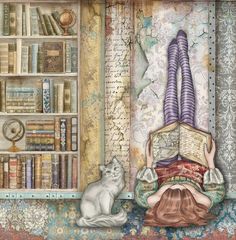 a painting of a cat sitting in front of a book shelf with books on it