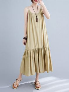 Material >70% Cotton Style Loose Feature Pleated, Solid Color Neckline Spaghetti-neck Occasion Casual, Simple, Leisure Fashion Seasons Summer Type Midi Dresses Color KHAKI, BEIGE, BLACK Size One Size Beige Casual Suspender Dress For Beach, Casual Beige Suspender Dress For Beach, Casual Beige Sundress With Spaghetti Straps, Sleeveless Khaki Spring Dresses, Sleeveless Khaki Dresses For Spring, Khaki Sleeveless Dresses For Spring, Sleeveless Khaki Dress For Spring, Casual Sleeveless Khaki Dress, Casual Khaki Sleeveless Dress