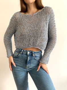 Blue and Gray Mix Crochet Top With Gray Mix Color Loose Cotton | Etsy Poland Oversized Chunky Knit Cotton Tops, Oversized Chunky Knit Gray Top, Oversized Gray Chunky Knit Top, Gray Cotton Textured Knit Sweater, Cozy Chunky Knit Gray Tops, Oversized Gray Knitted Tops, Gray Textured Knit Cotton Sweater, Cozy Gray Chunky Knit Top, Gray Chunky Knit Top