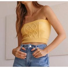 Thanks For Checking Out Our Fabulous Posh Closet!! All Of Our Items Are New With Tags! Never Worn Or Used <3 - Composition: 53% Cotton, 25% Recycled Polyester, 20% Nylon, 2% Spandex - Description: Show A Little Skin In This Cute And Casual Crop Top. Bodycon-Top. Cropped. Strapless. Solid Color. - We Ship From Multiple Warehouses So It's Not Possible For Us To Bundle - Because All Of Our Merchandise Is Brand New And Often Times In Original Packaging, Extra Photos Or Measurements Cannot Be Provide Chic Stretch Cable Knit Tops, Chic Cable Knit Stretch Tops, Spring Stretch Fit Cable Knit Tops, Casual Cable Knit Tops For Spring, Spring Stretchable Cable Knit Tops, Casual Spring Cable Knit Tops, Fitted Yellow Knit Top, Trendy Yellow Knit Top, Spring Yellow Soft Knit Tops