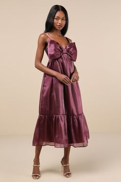 Extravagant Initiative Shiny Plum Organza Bow Midi Dress Plum Midi Dress, Tiered Babydoll Dress, Organza Bow, Plum Wedding, Purple Midi Dress, Guest Attire, Darling Dress, Tiered Dress, Large Size Dresses