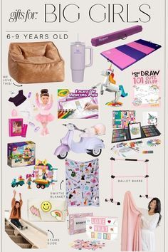 an advertisement for girls's clothing and accessories, including a pink chair with the words big girls written on it