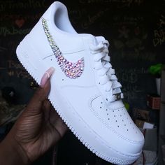 Custom Bling Out Ab Crystal Nike Air Force 1s. Each Shoe Is Hand Designed With Crystals Being Placed One By One, Making This A Time Consuming Process But The End Result Is Truly A Stunning Work Of Art & Worth Every Penny. Price Listed Reflects The Cost Of The Shoe. Shoes Will Be Packaged Securely. More Crystals Available. Please No Offers. White Custom Sneakers With Rhinestones And Round Toe, Bedazzled Nikes, Glitter Nike Shoes, Nike Shoes Custom, Penny Price, Glitter Nikes, Nike Air Force 1s, Beaded Shoes, Air Force 1s