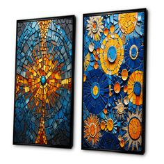 two framed art pieces with blue and yellow designs on the sides, one has an orange cross