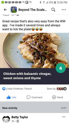 a plate with some food on it and the caption reads, chicken with balsamic vinegar, sweet onions and thyme