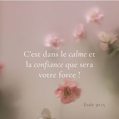 some pink flowers are in front of a white background with the words, ests d'une calme et la confiance que sera votre force