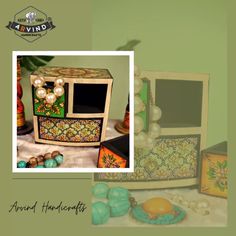 an assortment of decorative items are displayed on a green background with the caption above it