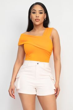 One-Shoulder Ruched Wrap Bodysuit Brand: Iris Style: IT92526 Fabric: 95% POLYESTER, 5% SPANDEX Details: A knit luxe casual bodysuit in solid color features a one-shoulder, side ruched detail, wrap design, and fitted silhouette. Made in Cambodia. Casual Sleeveless Orange Bodysuit, Fitted Sleeveless Orange Bodysuit, Summer Solid Color 4-way Stretch Bodysuit, Summer Orange V-neck Bodysuit, Orange Stretch One-piece Bodysuit, Wrap Bodysuit, One Shoulder Bodysuit, Casual Bodysuit, Plus Jumpsuit