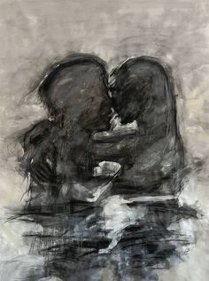 an abstract painting of two people sitting on a bench with their heads touching each other