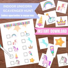 unicorn scavenger hunt for kids with rainbows and stars on the side, including