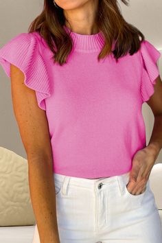 Chic Solid Stretch Knit Top, Chic Stretch Solid Color Knit Top, Winter Stretch Cotton Knit Top, Chic Stretch Knit Top In Solid Color, Casual High Stretch Knit Top For Spring, Casual High-stretch Ribbed Knit Top, Casual Ribbed High-stretch Knit Top, Pink Stretch Top With Ruffle Sleeves, Casual High Stretch Sweater