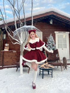 [Little Snowfall] - Christmas & New Year Red Dress Set – Jam Garden Cloak Jacket, Dress Shorts Outfit, Short Jackets, Japanese Sweet, Sweet Lolita, Dress Set, Red Bow, Lolita Dress, Short Jacket