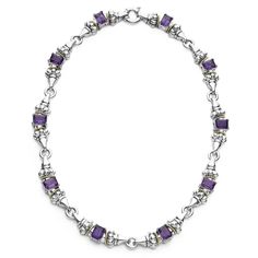 Ten emerald-cut amethyst gemstones with a prong setting in sterling silver and 18K gold Caviar beading form this necklace. Lagos Necklace, Engraved Items, Amethyst Gemstone, Necklace Sizes, Emerald Cut, Blue Topaz, Prong Setting, Citrine, Gemstone Jewelry