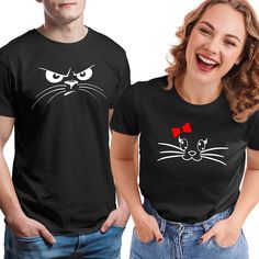 Cat Lovers Couple Shirt, Valentines Day Shirt, His And Hers Shirts, Couple Gift, Cute Cats, Animal Lover Gift, Romantic TShirts, Match Gift A T-shirts with a print will be the perfect funny gift idea!  HOW TO ORDER  1. Select the shirt style 2. Select the size (We suggest you choose the size you usually wear) 3. Select the shirt color 4. Select the quantity, Please buy carefully, each product is made to order. If you have question, please send us a message. We would be happy to help you :D  SPECIFICATION  T-shirt made of 100% high quality soft cotton Weight 150-185g/m2 The prints are vinyl  CARE INSTRUCTIONS  Turn the shirt inside out before washing do not bleach, do not dry clean, wash with similar items, do not iron directly on the design. In our store you will find things for many occas Funny Black Top With Cat Design, Funny Black Cat Design Top, Valentine's Day Gift Necklace With Cat Design, Valentine's Day Cat Design Necklace Gift, Cotton T-shirt With Cat Design For Gift, Casual T-shirt With Cat Design As Gift, Girlfriends Day, Couple Shirt, Valentines Day Shirt