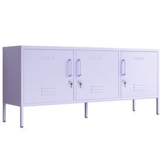 two white lockers sitting next to each other on top of a metal stand with doors