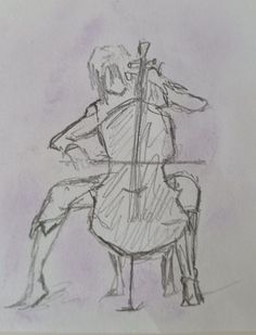 a pencil drawing of two people playing the cello and sitting on a bench with their backs to each other